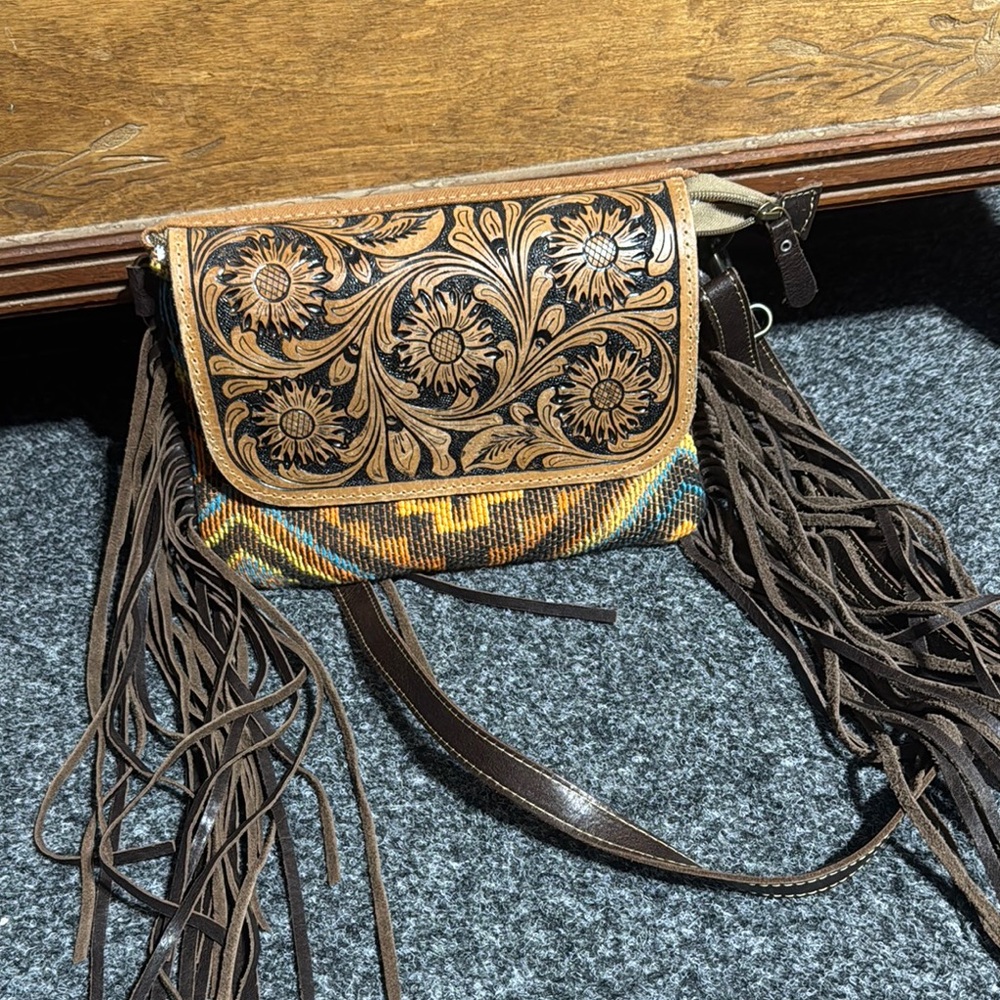 Brown Floral Embroidered Fringe Bag